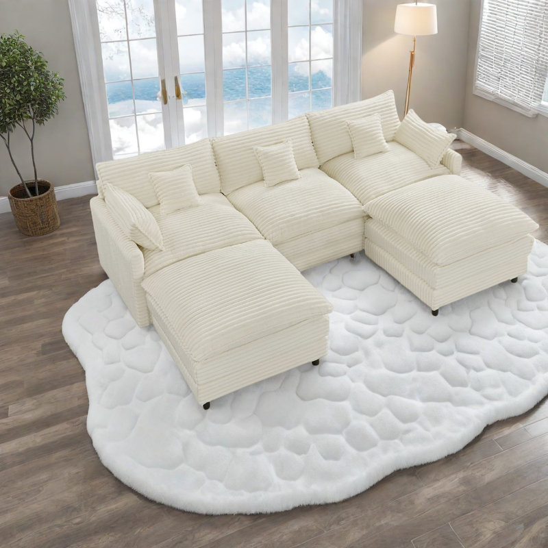Multifunctional Corduroy Sofas, U-shaped Spacious Design With Storage Console For Home