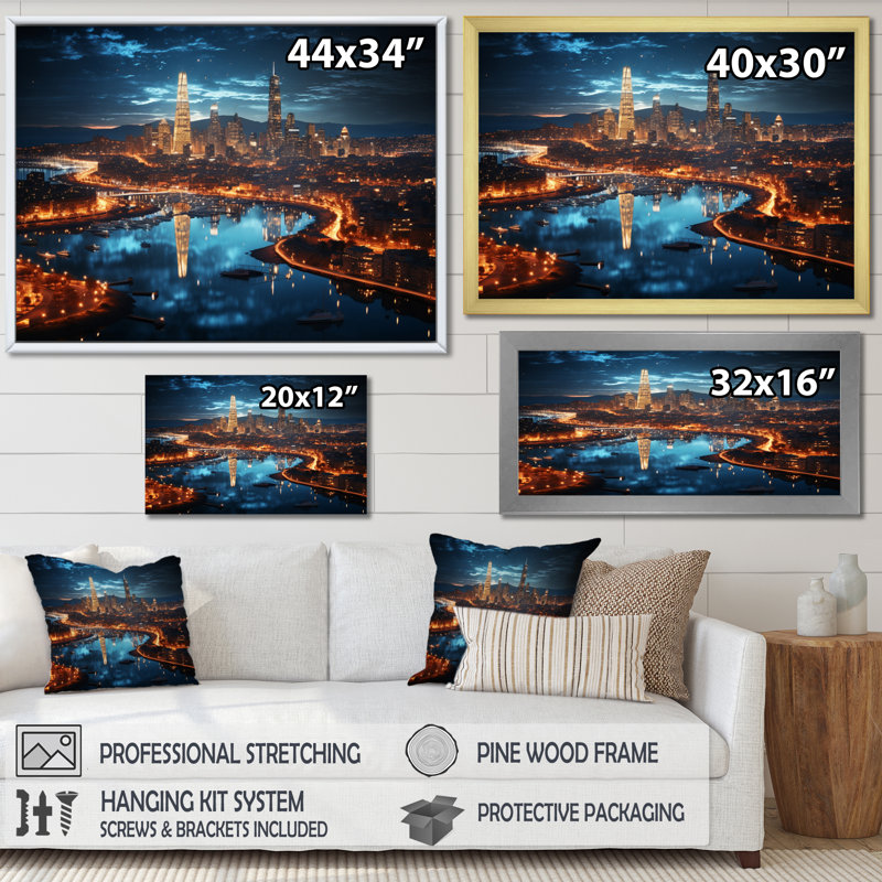 «Barcelona Beautiful Cityscape II» - reproduction, H 34 po x l 44 po x P 1,5 po, Encadrement doré
