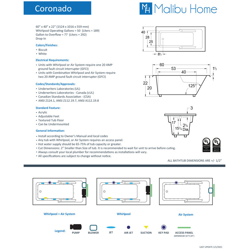 Coronado 60" x 40" Drop In Combination Acrylic Bathtub, Biscuit