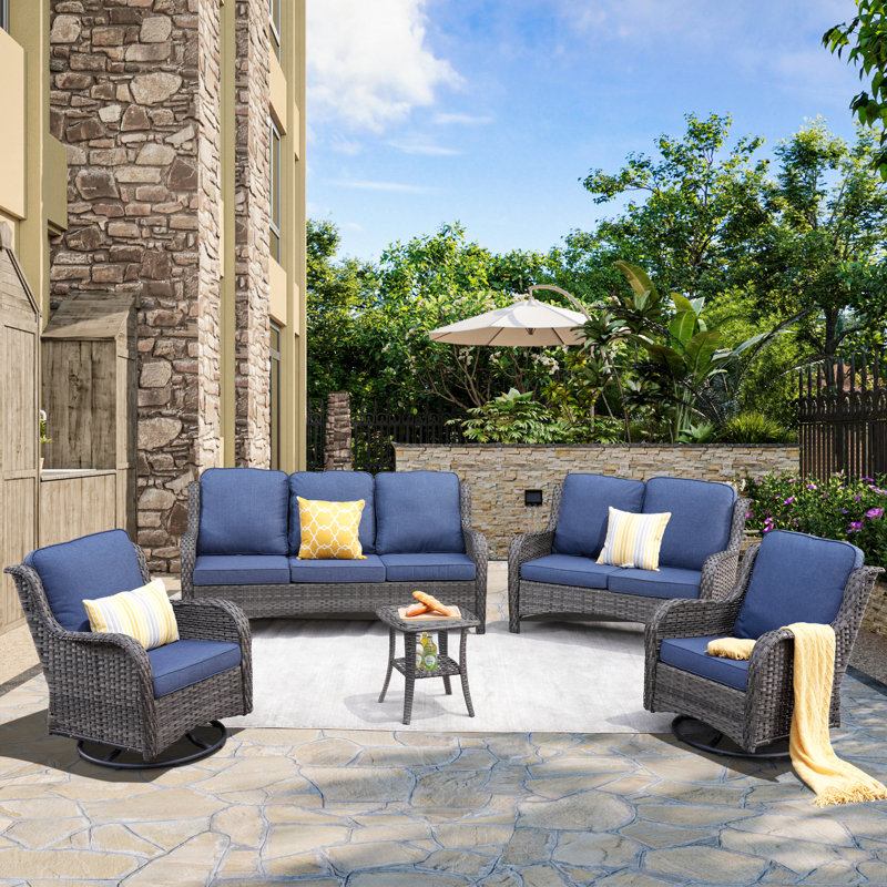 Klodjana Wood Premium All-Weather Wicker 7 - Person Patio Conversation Set with Cushions, Denim Blue, No