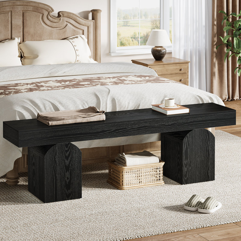 59" Long End Of Bed Bench, Modern Bedroom Bench With Arched Bases,, Black