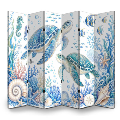 Cloison pliante 6 panneaux à motif de tortues de mer sous-marines de couleur marine et de couleurs pastel Séparateur de pièce autoportant