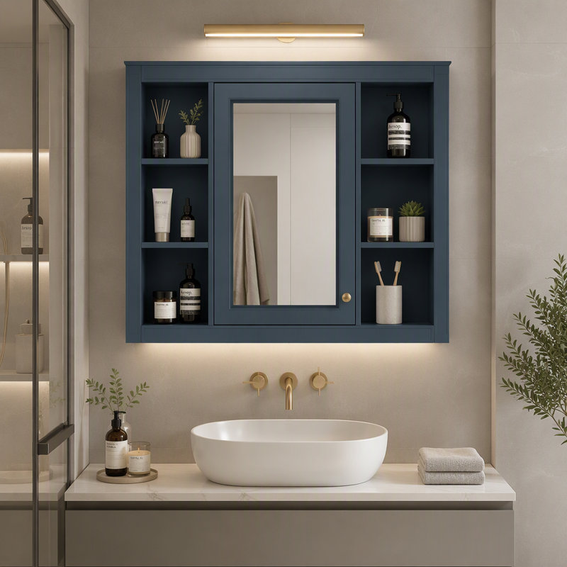 Armoire à pharmacie murale 35 po x 28 po, armoire de rangement pour salle de bain, armoire à miroir avec 6 tablettes ouvertes
