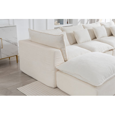 Canapé modulaire de 129,8 po, tissu gaufré, ensemble 3 pièces, canapé d'angle, blanc antique, avec 2 poufs
