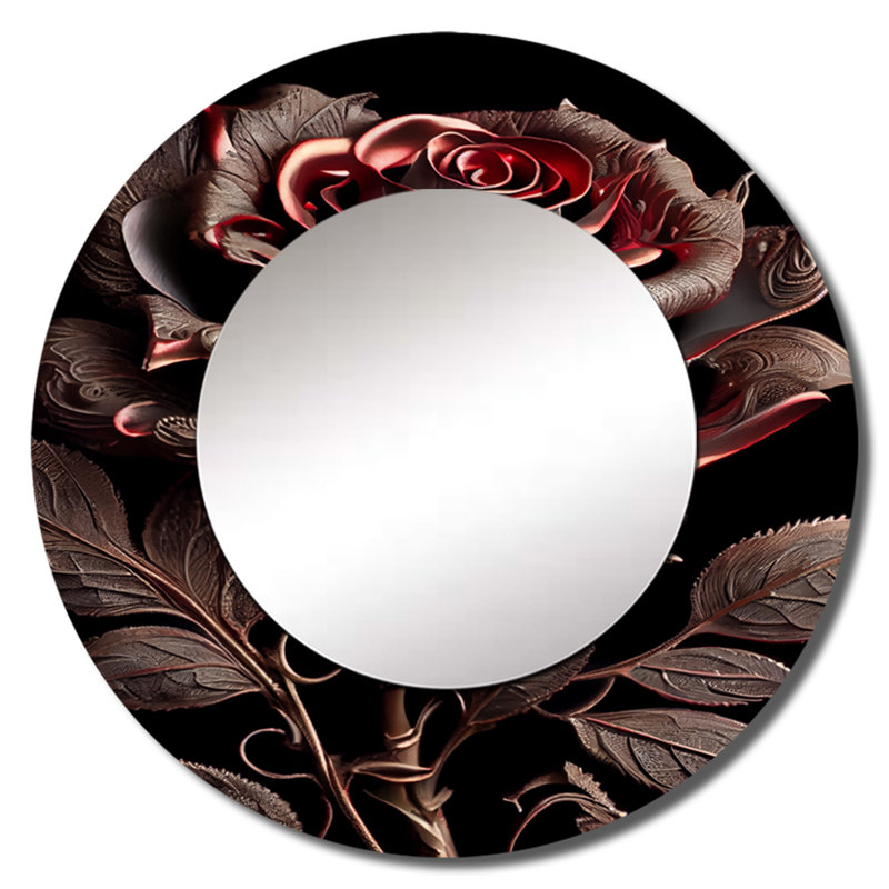 «Blossoming Rose» en rouge et gris IV - miroir décoratif floral, miroir mural rond traditionnel, impression d'art en métal