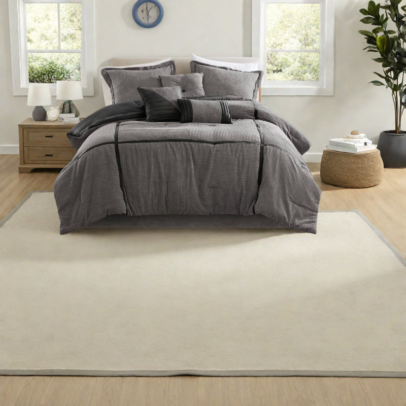 Ensemble de literie luxueuse 7 pièces, polyester micro velours côtelé, gris moderne, très grand californien