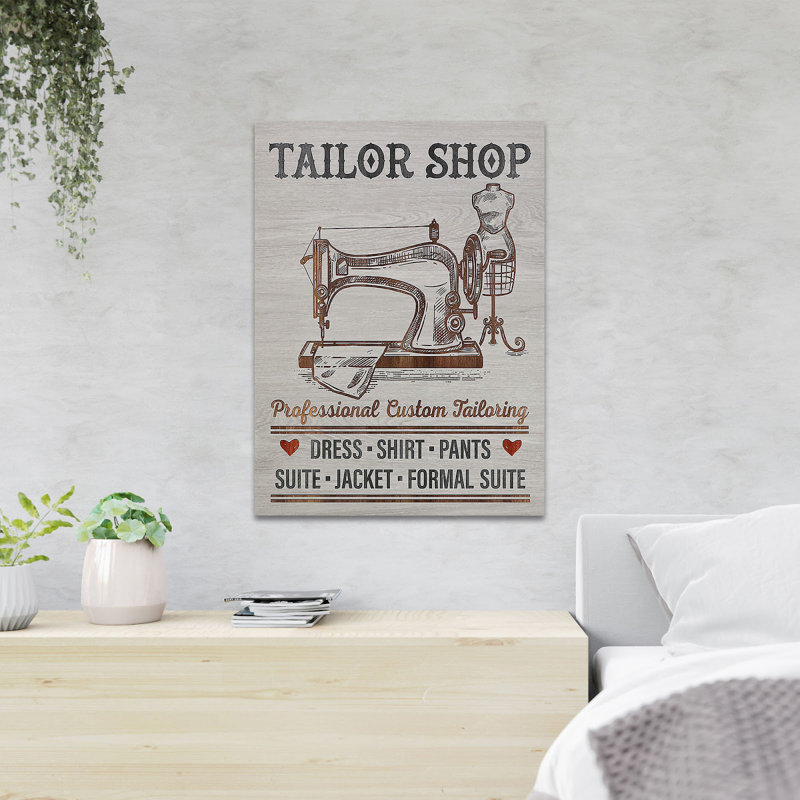 Machine à coudre dans un atelier de tailleur - confection sur mesure professionnelle - 1 pièce, impression d'art graphique rectangulaire sur toile tendue