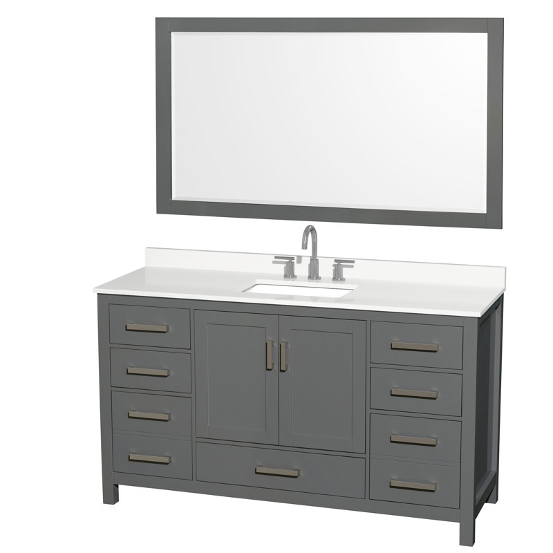 Ensemble de meuble-lavabo simple autoportant 60 po avec plateau en quartz Sheffield et miroir 58 po, Quartz blanc, Gris foncé