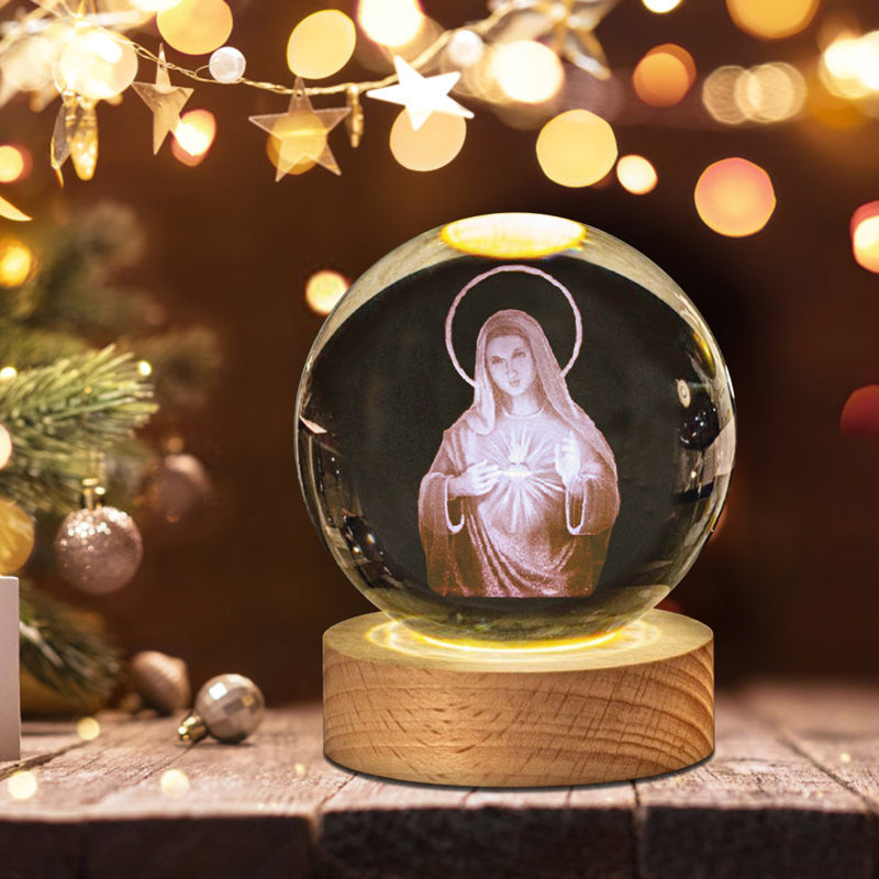 Statue veilleuse en cristal gravée veilleuse avec support en bois