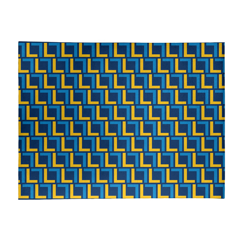 Tapis géométrique bleu / jaune, Rectangle 5 pi x 7 pi