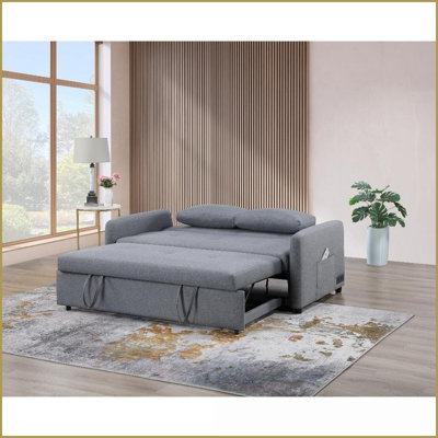 Radella 69”W Gray Linen Convertible Sleeper Sofa with USB Ports, Power Sockets &amp; Tufting | Linen | Gray | Square Arms