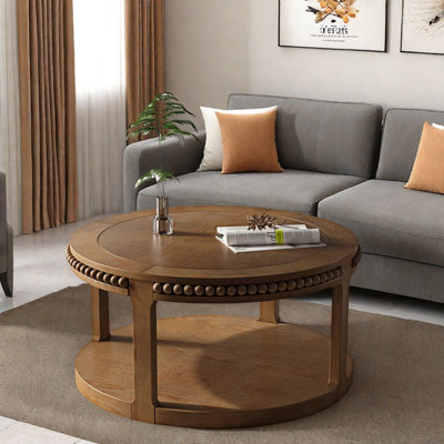Round Coffee Table With Two-tier Thickened Top, Sturdy Legs And Beaded Design