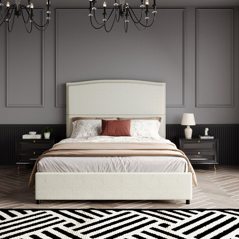 Bed Frame with 56" Tall Headboard, Boucle Upholstered Platform Bed with Nailhead Trim, Soft Fabric, No Box Spring Needed, Easy Assembly