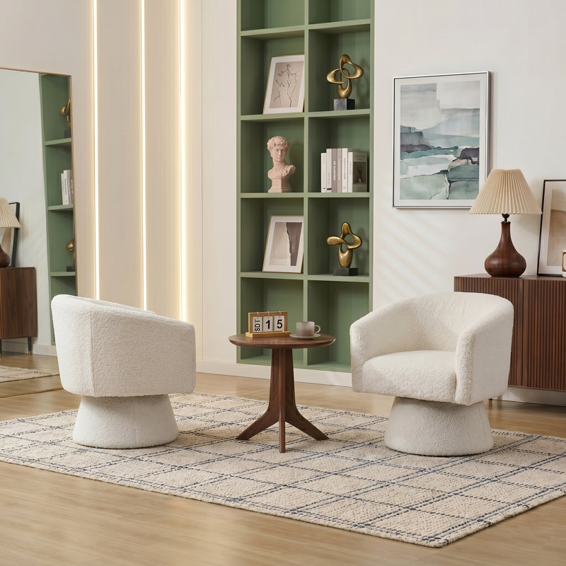 Caleigha Upholstered Swivel Barrel Chair, White Polyester