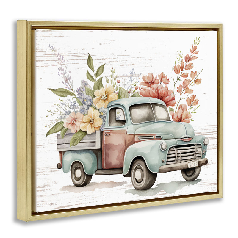 «Flower Blossom Truck» encadrée par Floater, Cadre flottant métallique doré, H 25 po x l 31 po