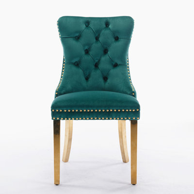 Velvet Upholstered Dining Chair with Wood Legs Nailhead Trim