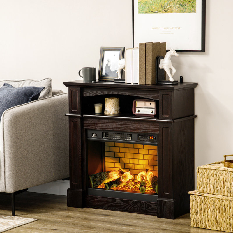 Foyer électrique 32 po avec, brun, 700W / 1400W - tablette chauffante, flamme de bûche à DEL, télécommande, luminosité à intensité variable, foyer à mécanisme d'arrêt automatique, 700W / 1400W, tablette brune, télécommande, à intensité variable, pour