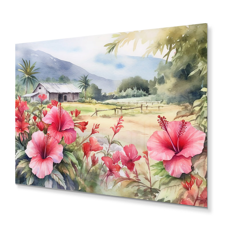 Hibiscus rose et vert, harmonie tropicale, fleurs II - art mural floral en métal, H 12 po x l 20 po x P 1 po
