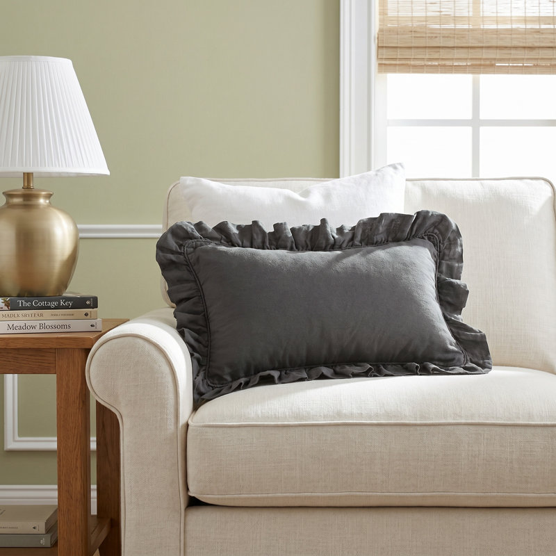 Banji Ruffled Linen Throw Pillow, Gray