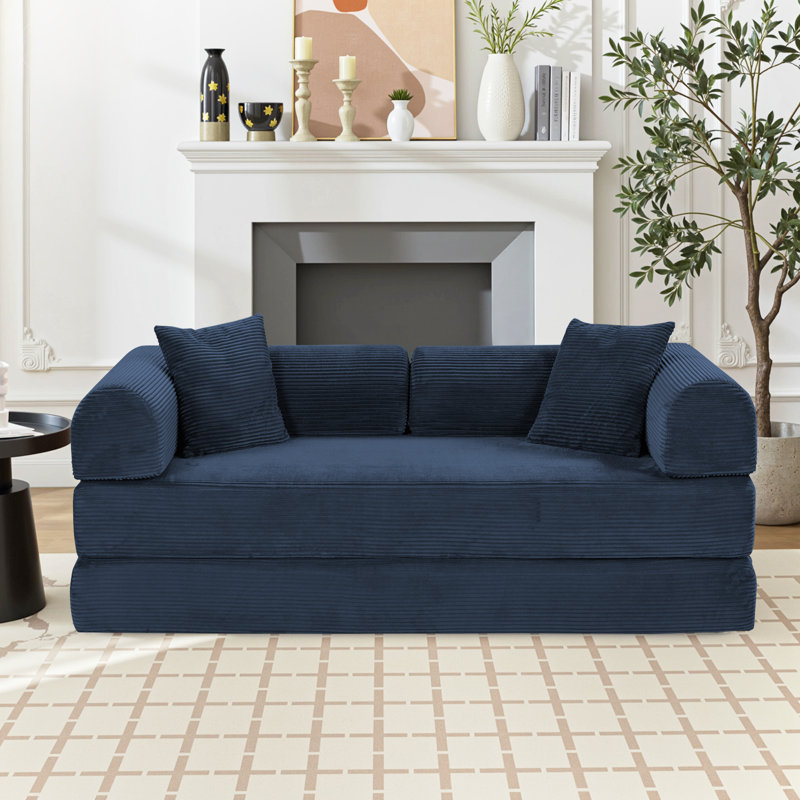 63" Boneless Corduroy Sleeper Sofa Bed, Modular Futon Couch, Compression Foam Sofa with 2 Pillows, No Assembly Required, Blue