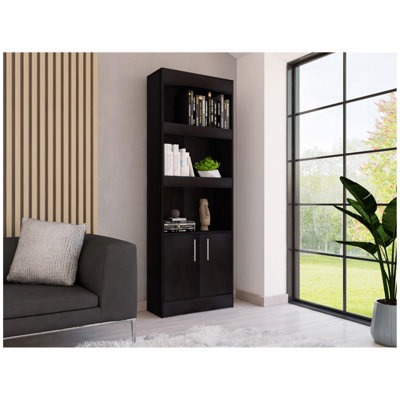 Bookcase, Three Shelves, Double Door Cabinet, Metal Hardware, Black