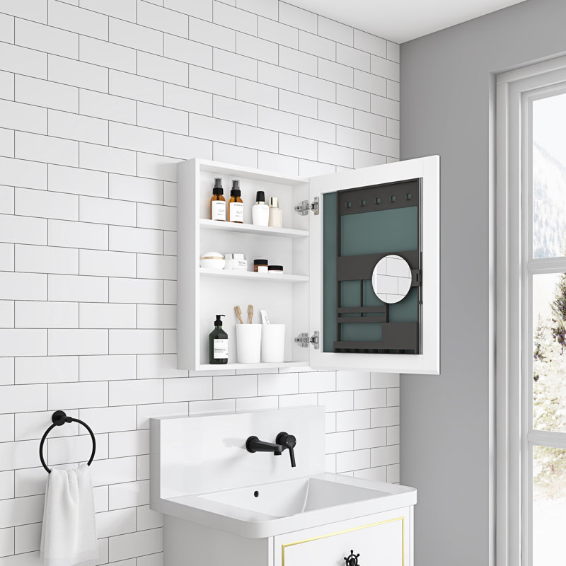 20''X26'' Bathroom Medicine Storage Cabinet - Wooden Door. Wall Mounted. White. Organizer. Detail Makeup Mirror. Mirror White Engineered Wood. Recessed/Surface. Concealed Space. Right Door