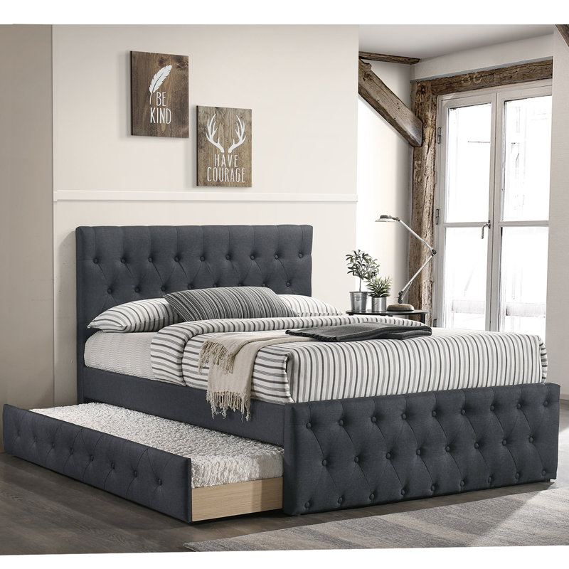Fabric Fully Upholstered Twin Bed With Trundle, Charcoal