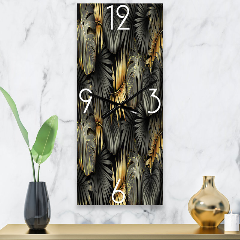Horloge murale moderne feuilles noires et or tropicales II, Grand