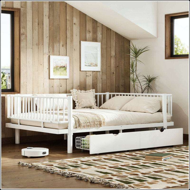 Lit plateforme avec tiroirs de rangement et structure de lit de jour en métal, Blanc clair, Lit double