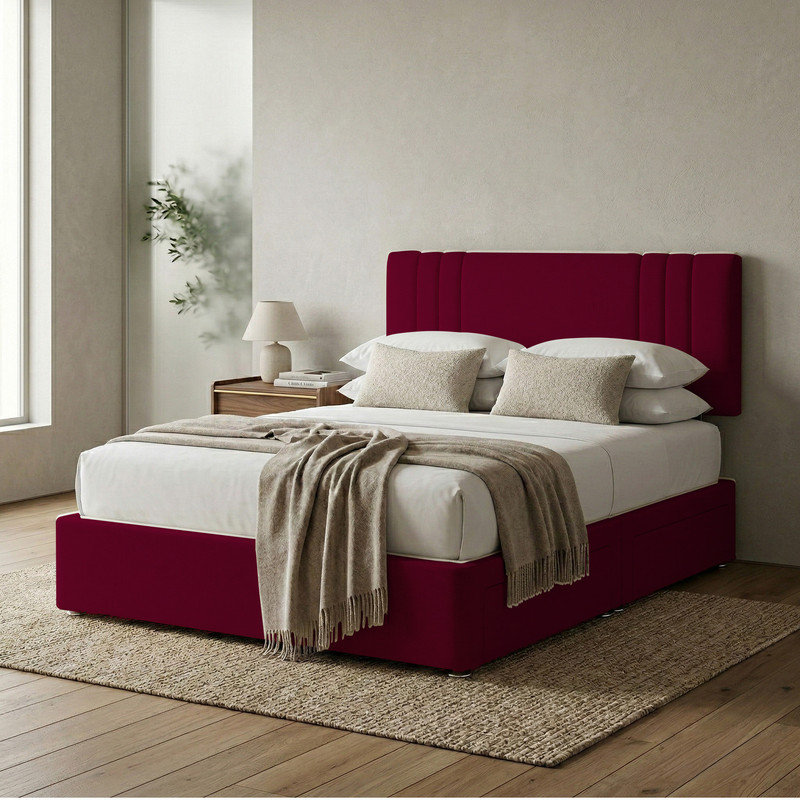 Upholstered Bed, 6ft Super King, Burgundy, 2 Drawers Same Side