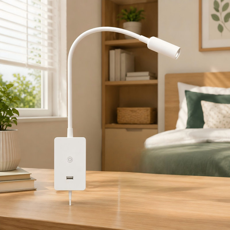 Cette lampe de chevet DEL murale est munie d'une télécommande sans fil, d'une minuterie et d'une sortie USB 5V 2A. Elle utilise un spot flexible pour la chambre avec un éclairage blanc neutre 4000K à intensité variable.