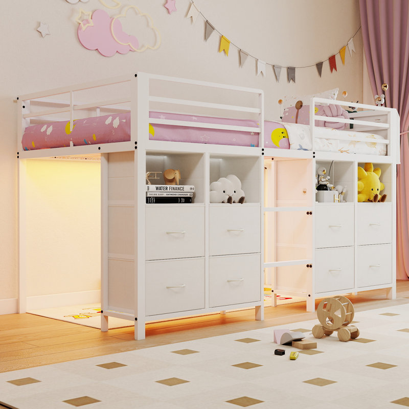 Twin Loft Bed with 8 Storage Drawers and Open Storage Shelves, Low Loft Bed Twin Size with LED Lights, Stairs, Metal Bed with Safety Guardrail, Under-Bed Play Space