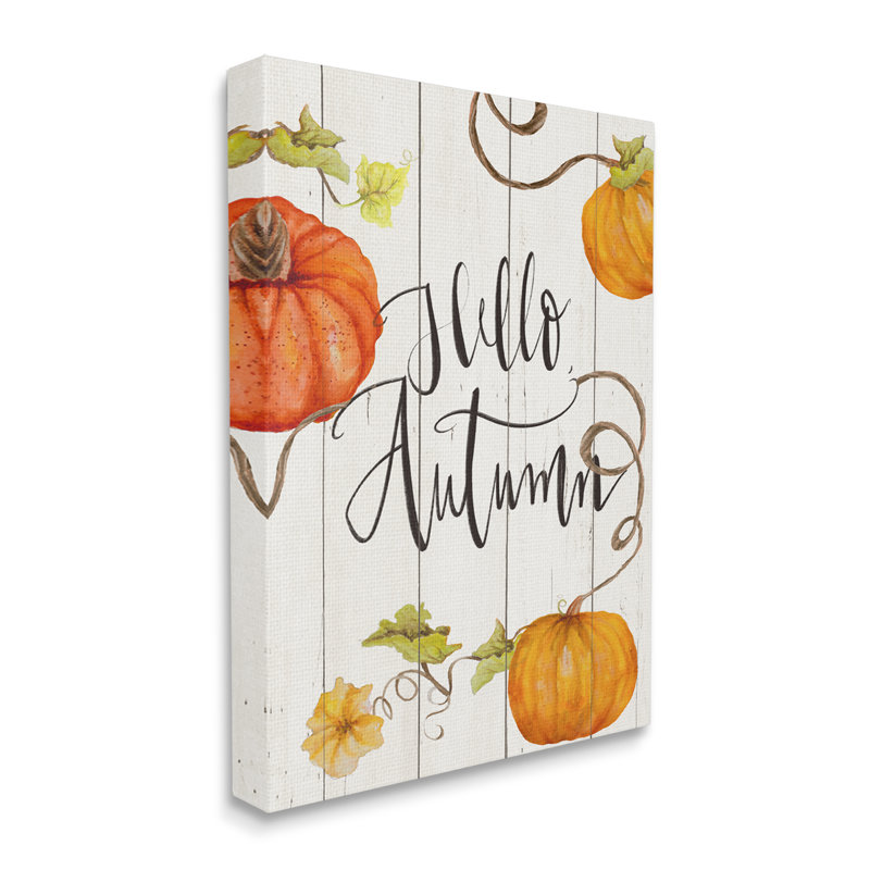«Hello Autumn Calligraphy», rustique, citrouille, vignes, art numérique sur estampe numérique par Janice Gaynor, Toile tendue