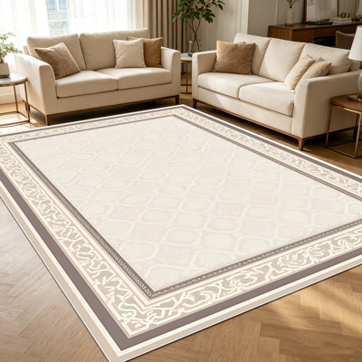 1PC Vintage Geometric Bordered Neutral Tone area rugs for Living Room, Soft and Comfortable, Suitable for all seasons, easy-to-maintain, machine washable Indoor floor mat, Under Table Farmhouse suitable for dining room, bedroom, entryway, kitchen,
