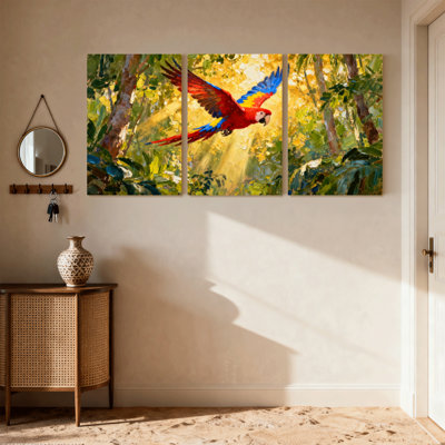 Oiseaux, perroquet coloré volant dans la jungle, ensemble de 3 impressions sur toile