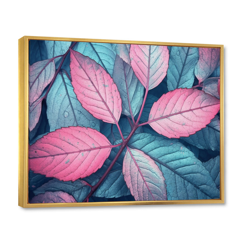 "Pink Teal Leaf Of Splendor", reproduction d'art sur toile, Cadre flottant doré, H 12 po x l 20 po x P 1 po