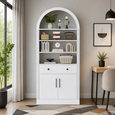 Arched Bookshelf with Storage Cabinet, 70.9" Tall Display Bookcase with Drawer, Adjustable Shelves, Doors, Freestanding Pantry Cabinet
