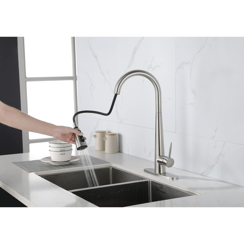 Kitchen Faucet In Stainless Steel, Deck Plate, High Arc Single Handle, Pull Down , Brushed Nickel, Modern Atmosphere Steel With Handle And Plate