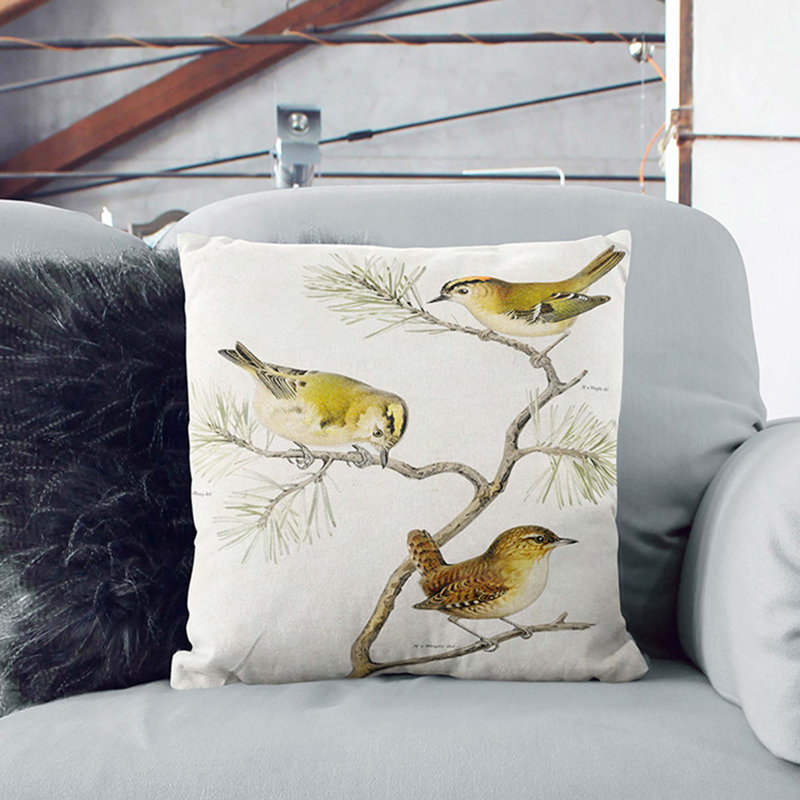 Eurasian Wren and Goldcrest Birds by Von Wright Cushion with Filling, Black, 40cm H x 40cm W x 15cm D