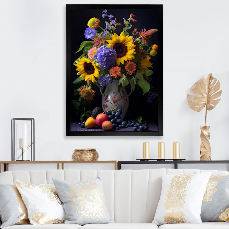 Nature morte avec des tournesols dans un vase - reproduction sur toile, H 40 po x l 30 po x P 1,5 po, Cadre simple noir