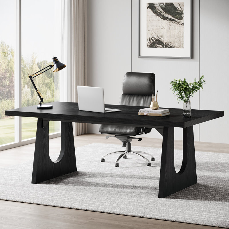 70.86-Inch Wood Executive Desk, Large Computer Office Desk With Thickened Tabletop And Wood Base For Home Office, Black