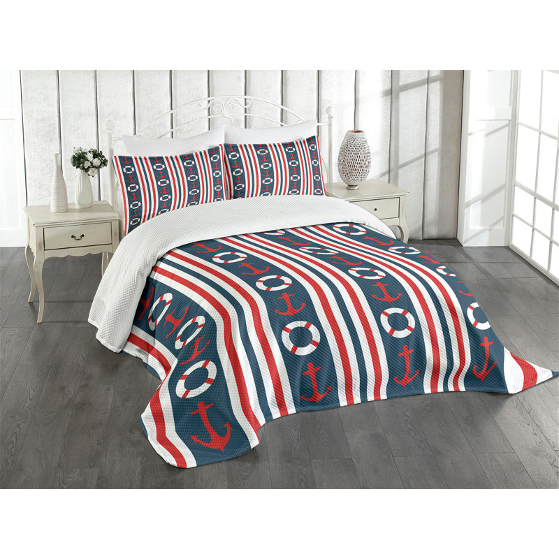 Nautical Queen Bedspread Set with Anchors and Stripes
