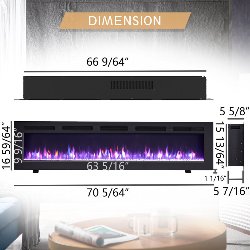 Elioenai 70" W Electric Fireplace Insert with Adjustable Color Flames & Fire Cracking Sound