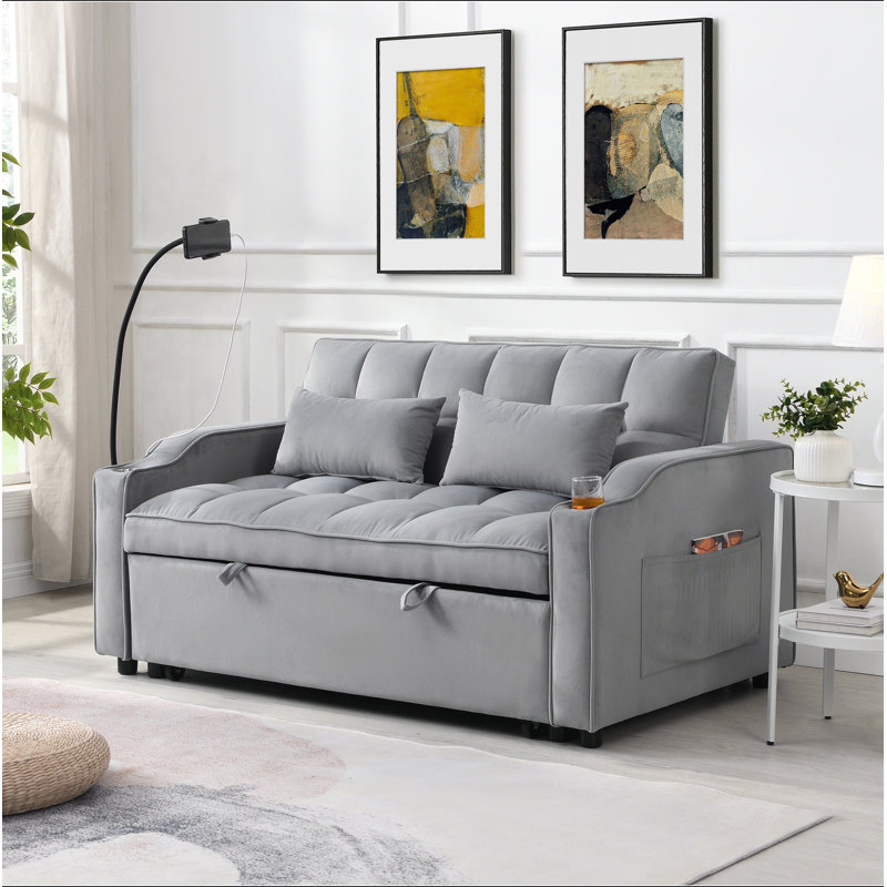 Modern Velvet Loveseat Futon Sofa Couch W/Pullout Bed,Small Love Seat Lounge Sofa With Adjustable Reclining Backrest,Toss Pillows, Pockets,Furniture For Living Room,3 In 1 Convertible Sleeper Sofa Bed
