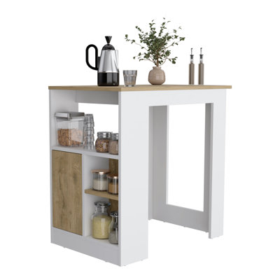 Kitchen Island 36" H, Three Open Side Storage Shelves and One Push-to-Open Cabinet, Macadamia