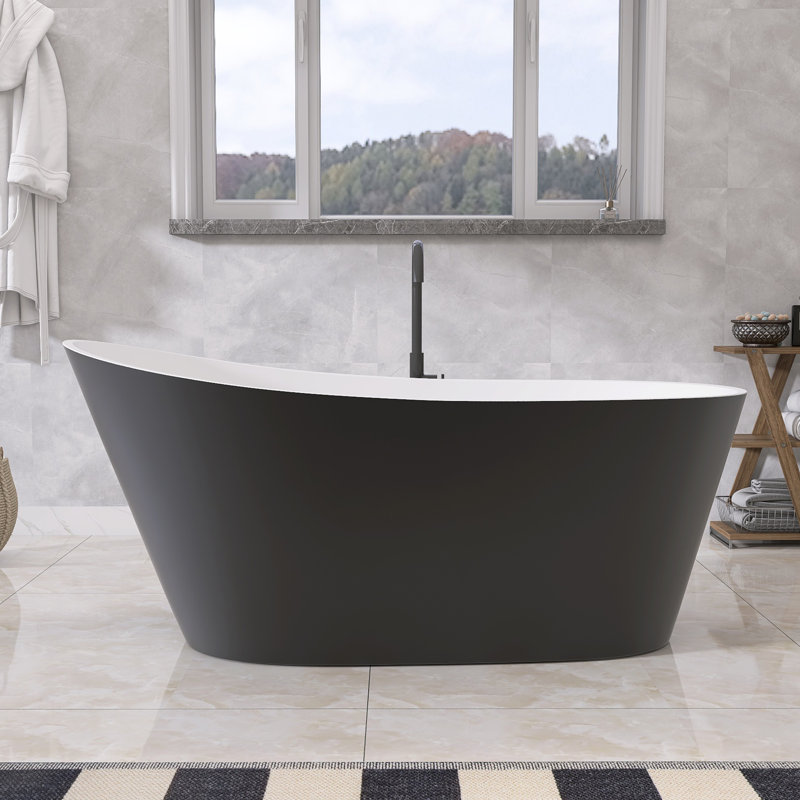 Acrylic Freestanding  Soaking Bathtubs 59'' x 29.5'' Single Slipper Stand Alone Tub in Matte Grey with Side Drain