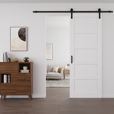 96"H × 32"W 5-Paneled White Solid Manufactured Wood Barn Door with Installation Hardware Kit (No Assembly Required & Can be Painted)