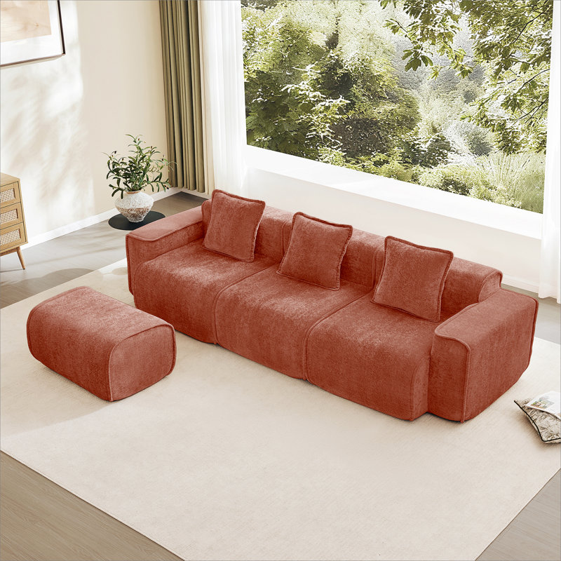 Canapé modulaire en forme de L 3 sièges avec passepoil à bordure française, aucun assemblage requis, canapé 3 places avec coussins décoratifs et 1 repose-pieds mobile
