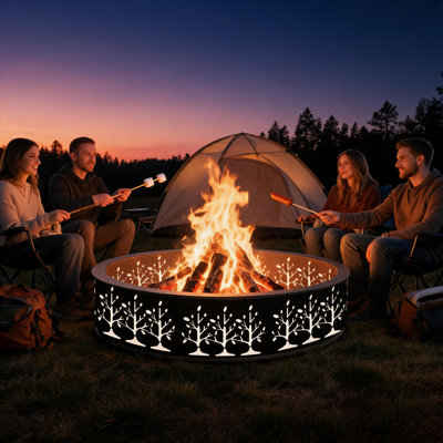 60 in Heavy Duty Metal Round Fire Pit Ring, Tree Cutout Outdoor Fire Pit Liner, 4 Piece DIY Assembly Fire Ring for Backyard Stone Fire Pit Projects