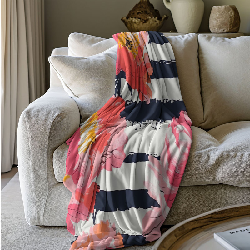 Striped Peony Art - 1 pièce Sherpa Premium, Grand lit